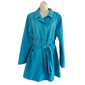 Ambition Women's Sz L Turquoise Button Up Lined Belted Windbreaker Jacket